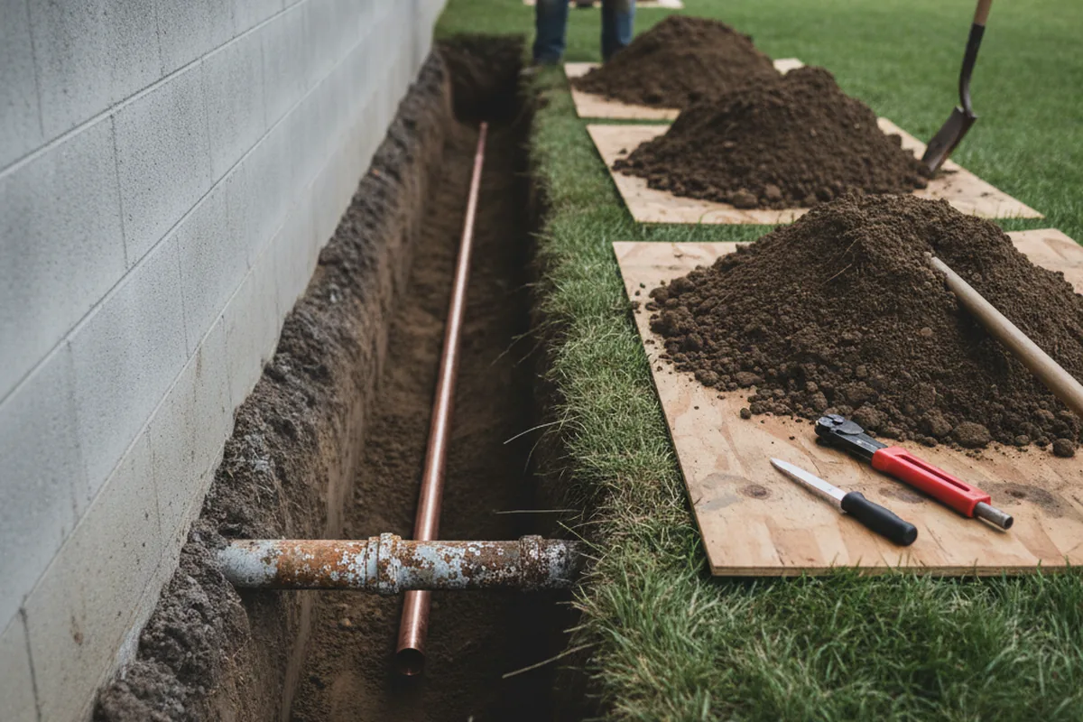 Excavated water line trench during Water Softener Installation in Bellwood